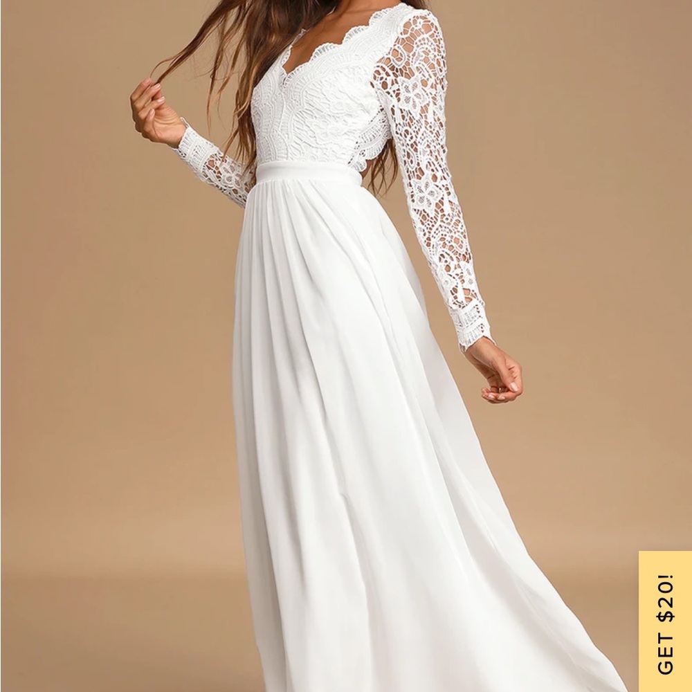 White floor length long sleeve lace dress